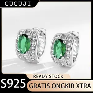 GUGUJI Anting-anting Zircon Emerald Eropa Dan Amerika Anting-anting Perhiasan Wanita High-end Aksesori Klip Telinga Niche