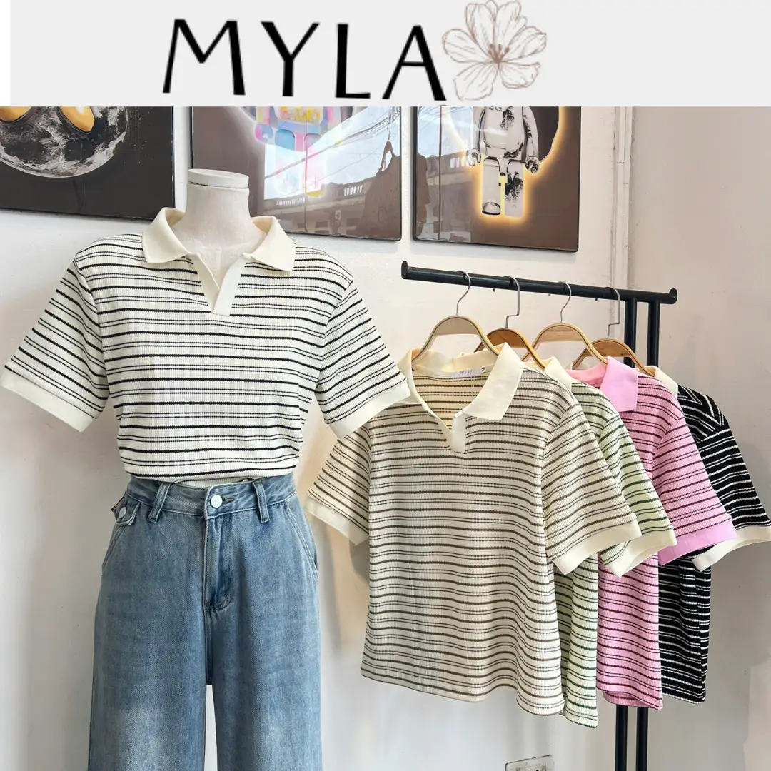Myla Vietnam - Áo Polo nữ cổ V kẻ ngang chất liệu cotton co giãn basic dễ phối