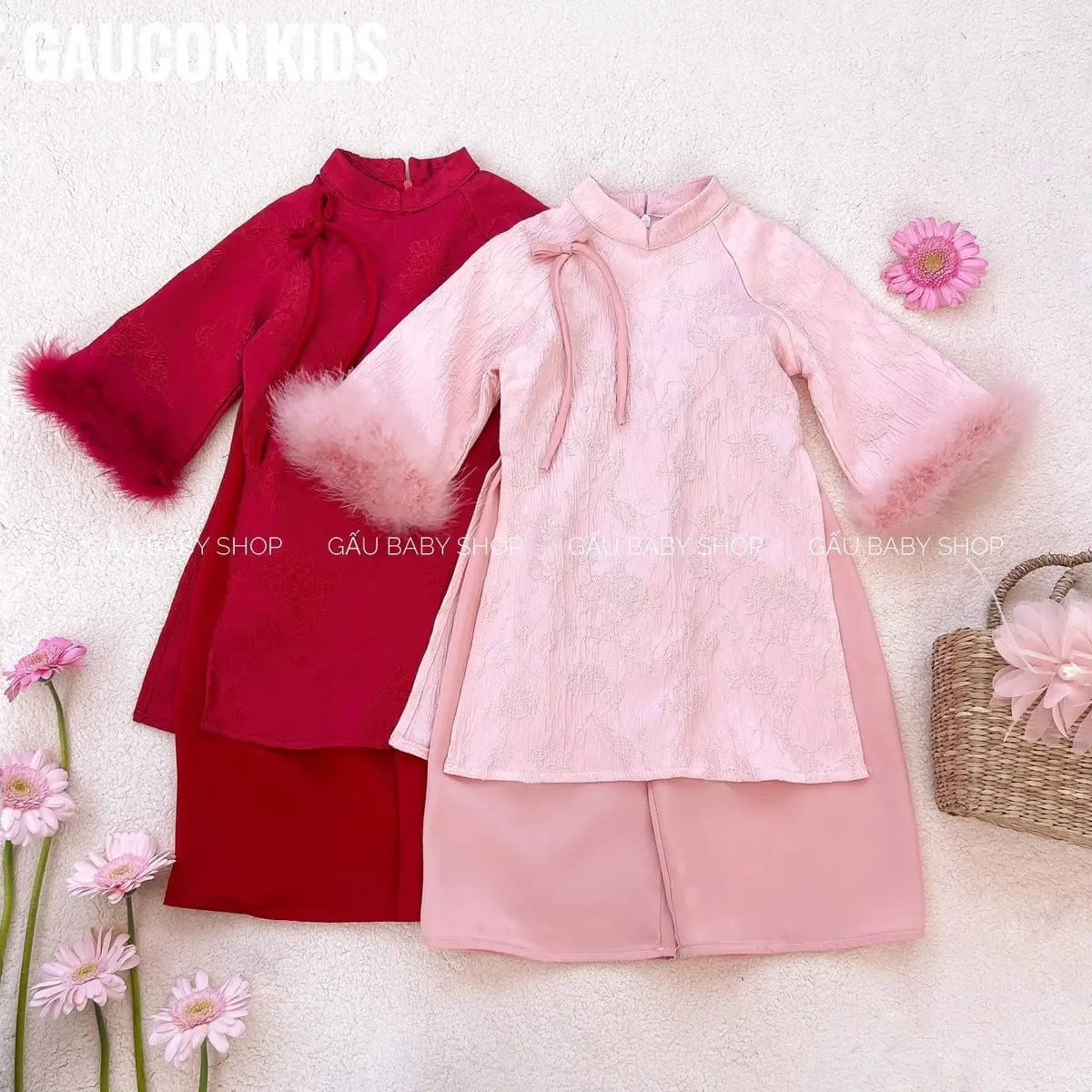 Áo dài GIAI Ý bé gái tay phối điệu đà cho bé 8-30kg tặng bờm ngọc trai - B131